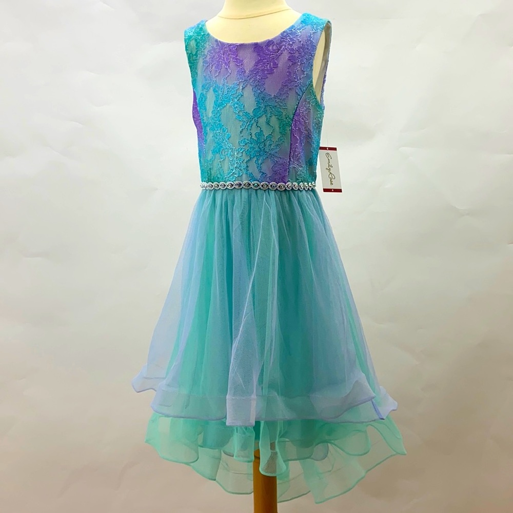 Boutique Emily Rose Hi Lo Rhinestone waistline tie ribbon back w/ zipper